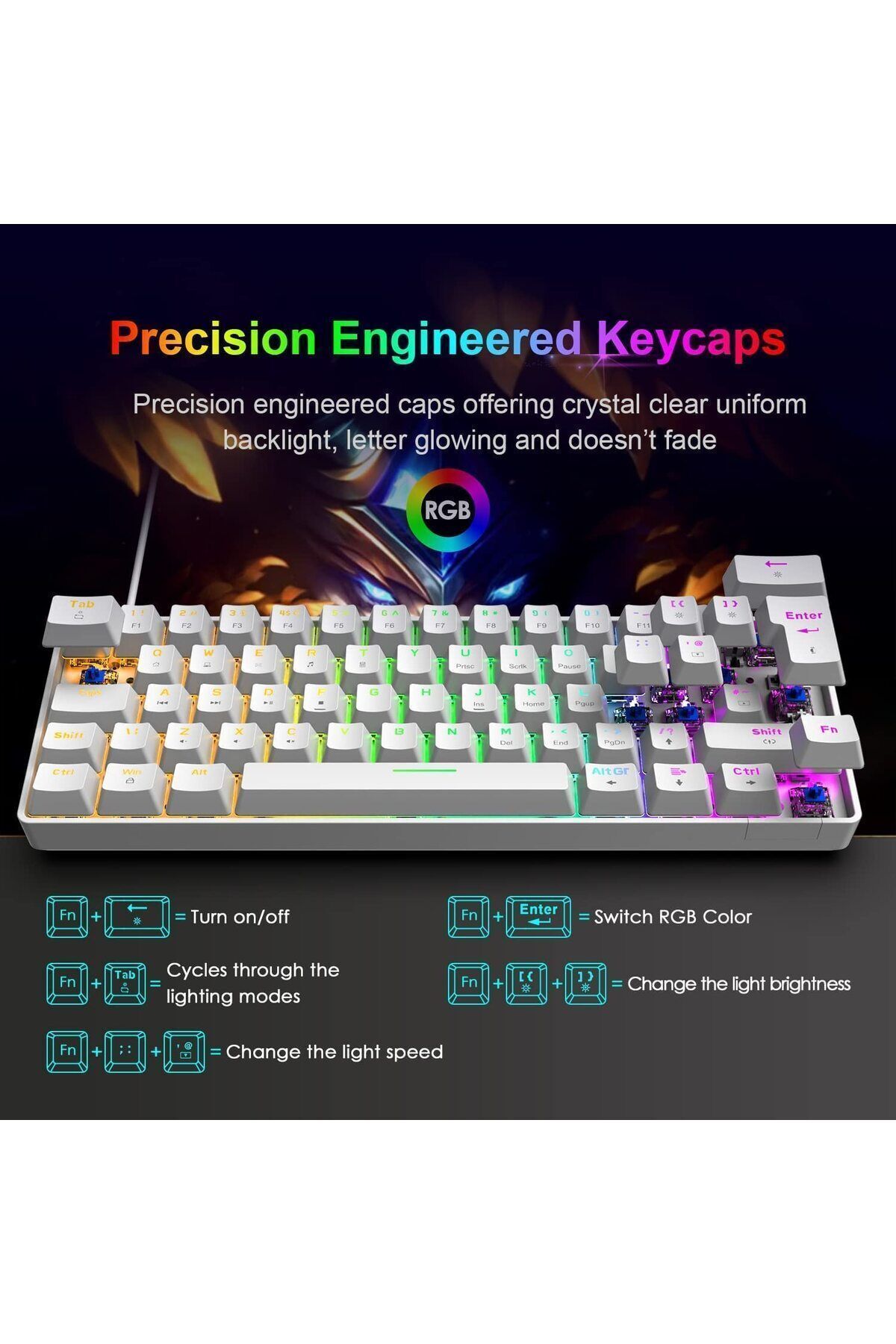 VOOKA Trol Blue Switch Mini Rgb Oyun Klavyesi Gaming Mekanik 62 Tuşlu 18 Rgb Led Usb Tip-c Kablosu Beyaz