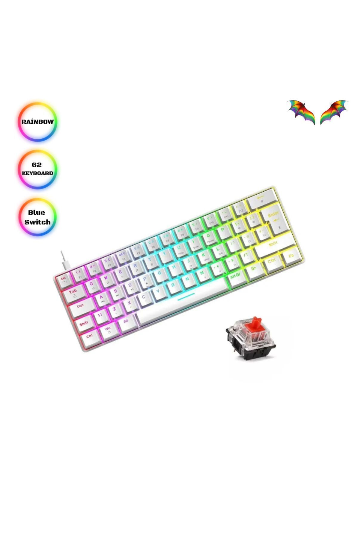 SKYLOONG Trol Red Switch Mini Oyun Klavyesi Gaming Mekanik 62 Tuşlu 18 Led Usb Tip-c Kablosu Beyaz