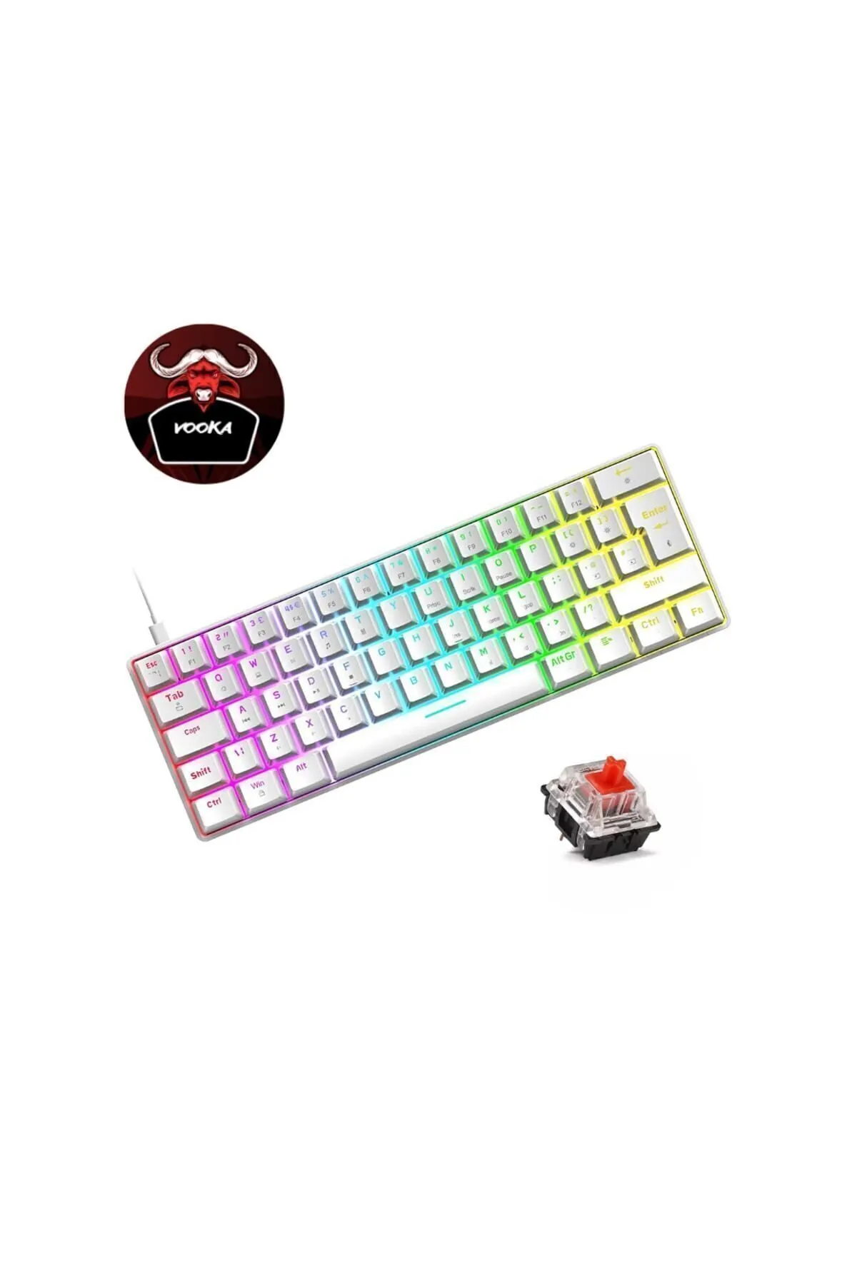 VOOKA Trol Red Switch Mini Rgb Oyun Klavyesi Gaming Mekanik 62 Tuşlu 18 Rgb Led Usb Tip-c Kablosu Beyaz