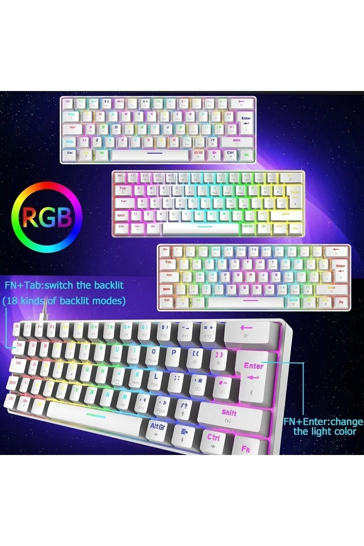 VOOKA Trol Red Switch Mini Rgb Oyun Klavyesi Gaming Mekanik 62 Tuşlu 18 Rgb Led Usb Tip-c Kablosu Beyaz