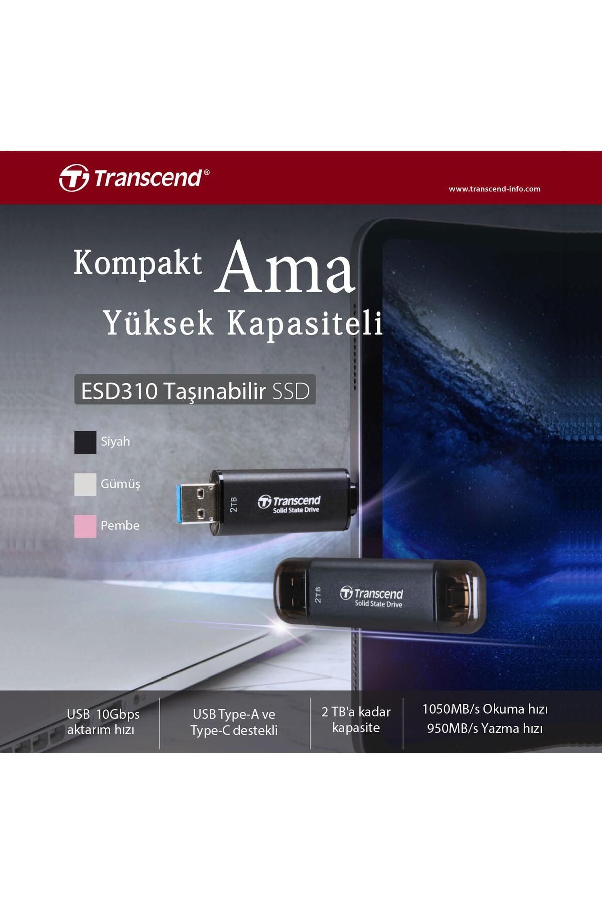 Transcend TS1TESD310P 1TB USB/Type-C 10Gbps Taşınabilir Harici SSD - Pembe