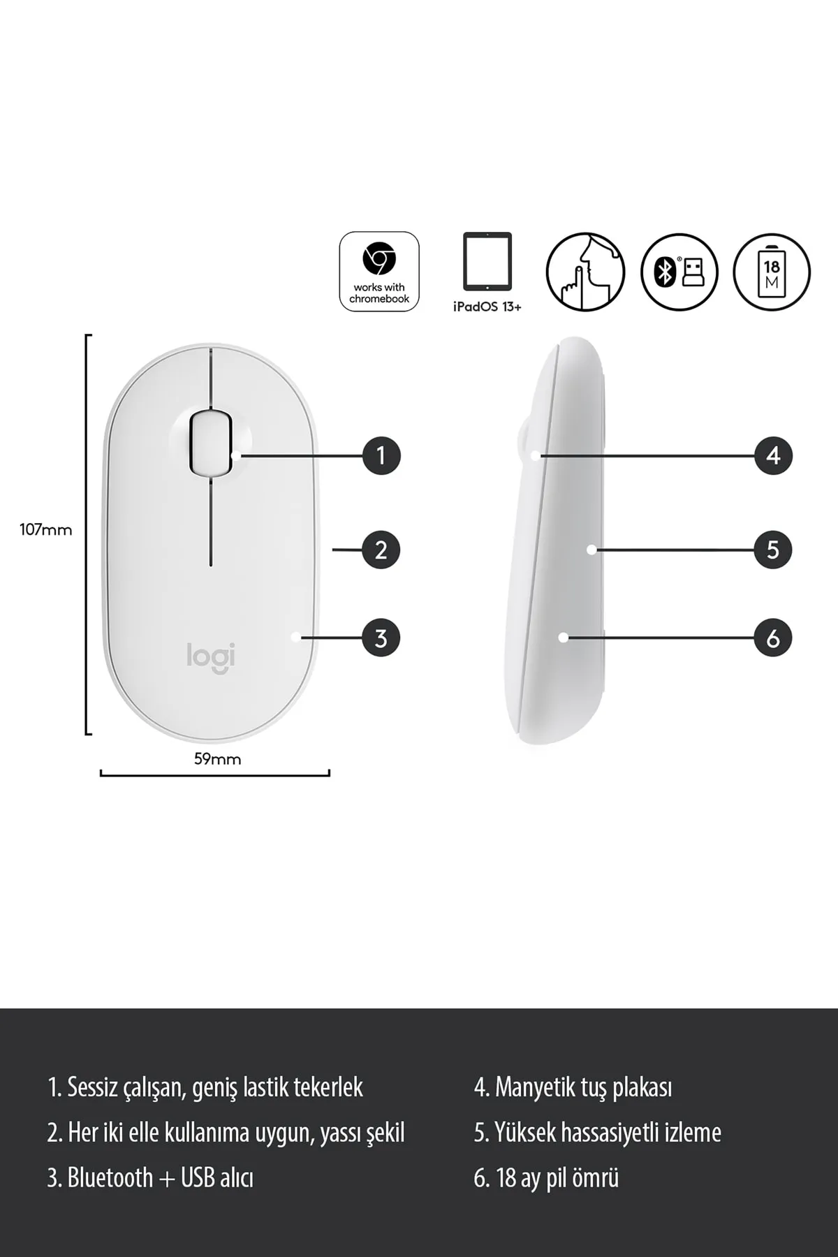 Logitech Tsrmx M350 Pebble Sessiz Kablosuz Kompakt Mouse - Beyaz  Yeni Model 985448