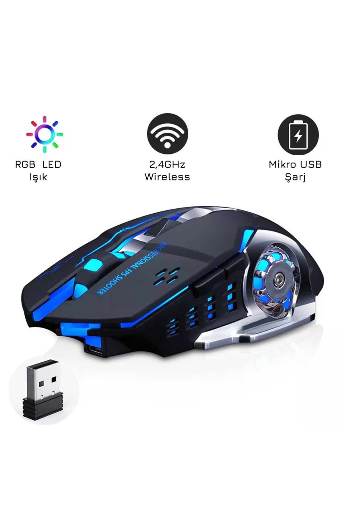 UpWay TW-Q13 Kablosuz Sessiz RGB LED Işıklı Şarjlı Ergonomik 2400DPI Gaming Mouse Siyah