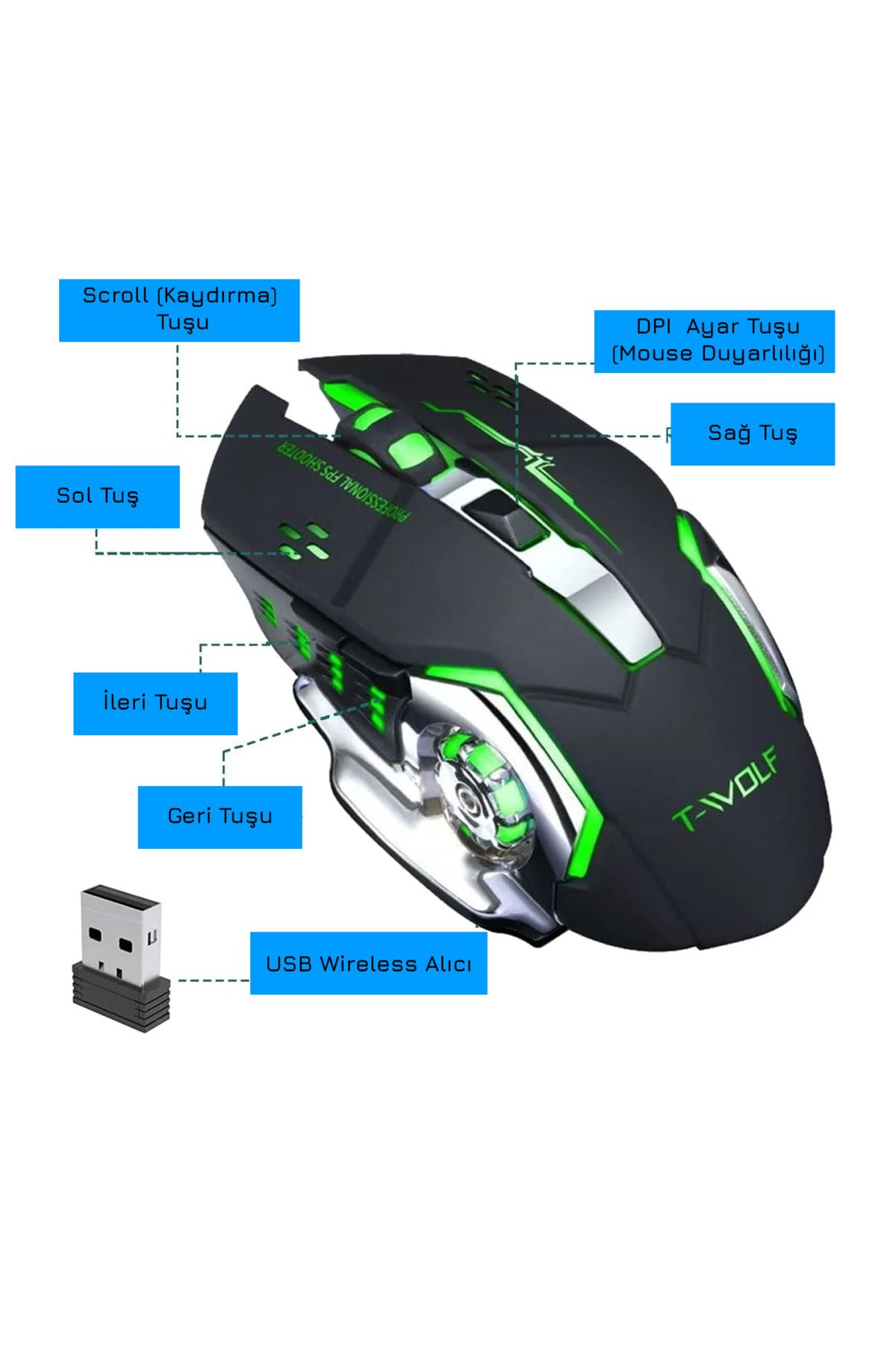 UpWay TW-Q13 Kablosuz Sessiz RGB LED Işıklı Şarjlı Ergonomik 2400DPI Gaming Mouse Siyah