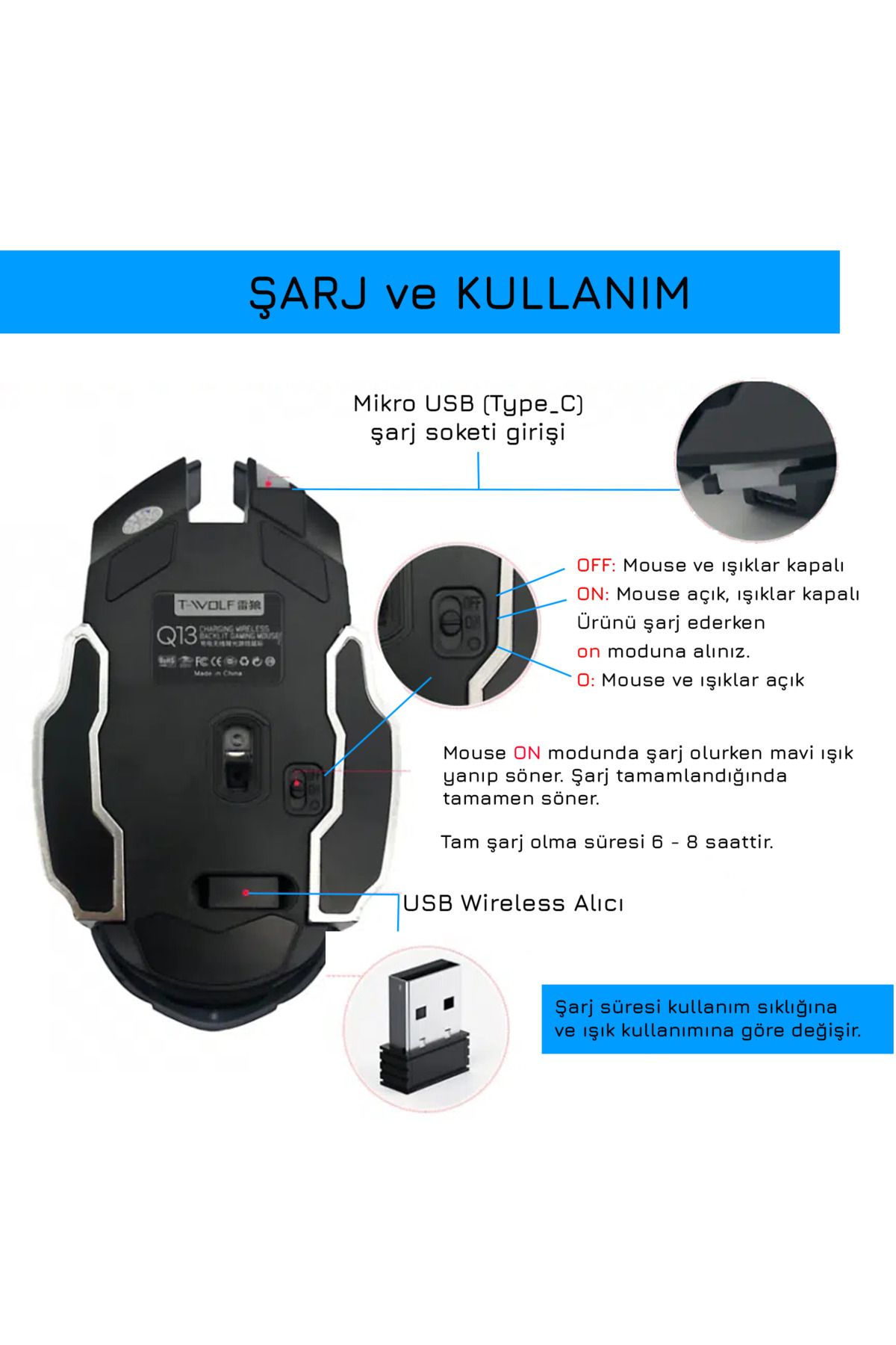 UpWay TW-Q13 Kablosuz Sessiz RGB LED Işıklı Şarjlı Ergonomik 2400DPI Gaming Mouse Siyah