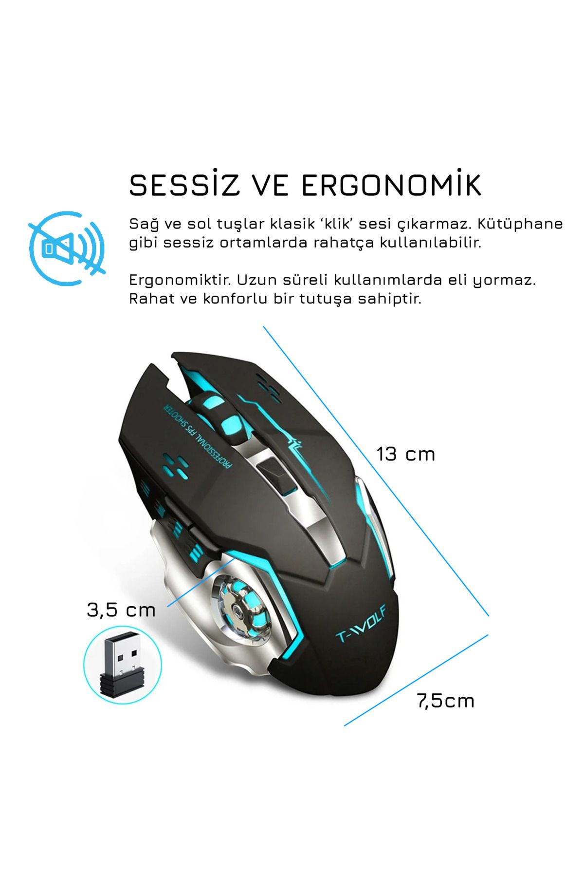 UpWay TW-Q13 Kablosuz Sessiz RGB LED Işıklı Şarjlı Ergonomik 2400DPI Gaming Mouse Siyah