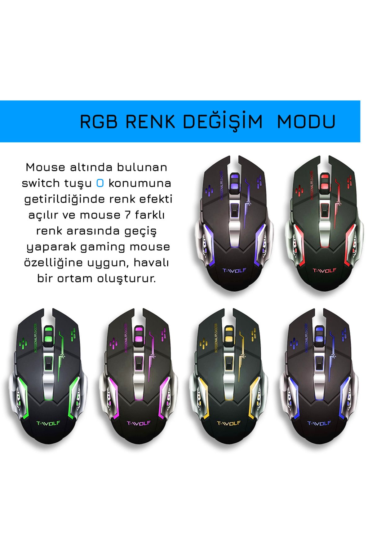 UpWay TW-Q13 Kablosuz Sessiz RGB LED Işıklı Şarjlı Ergonomik 2400DPI Gaming Mouse Siyah