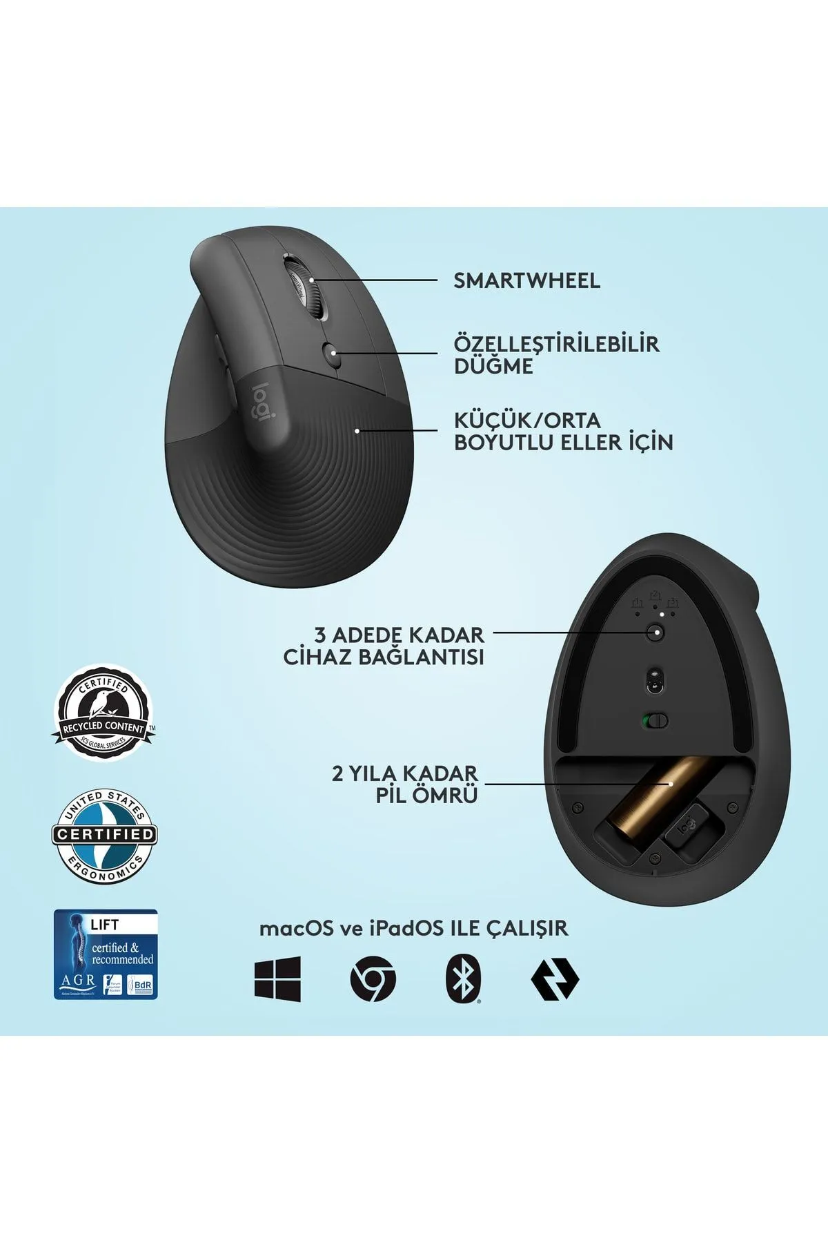 Logitech Tx Lift Sessiz Kablosuz Ergonomik Dikey Mouse - Siyah Tex Yeni Model Desen 987838