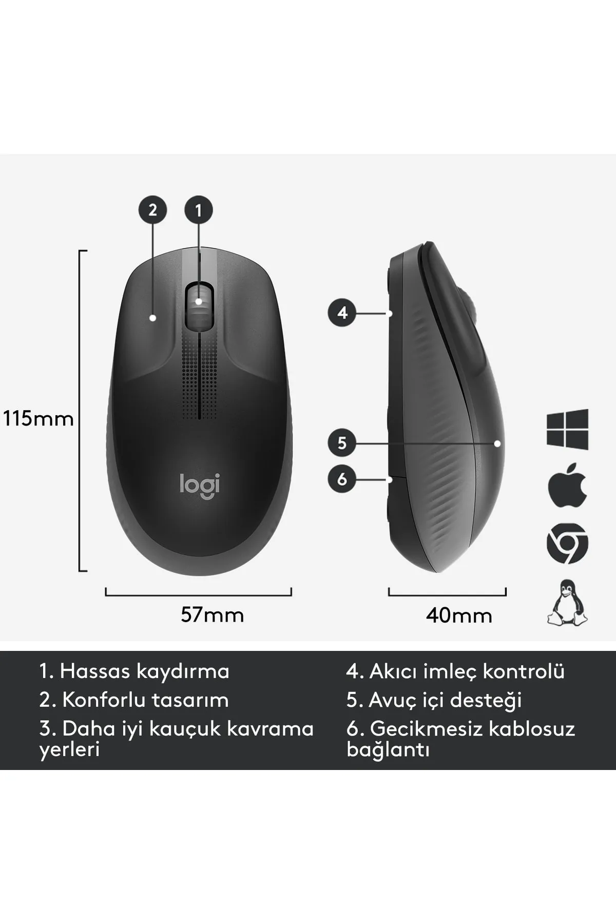 Logitech Tx M190 Büyük Boy Usb Alıcılı 1.000 Dpı Kablosuz Mouse - Gri Tex Yeni Model Desen 721051