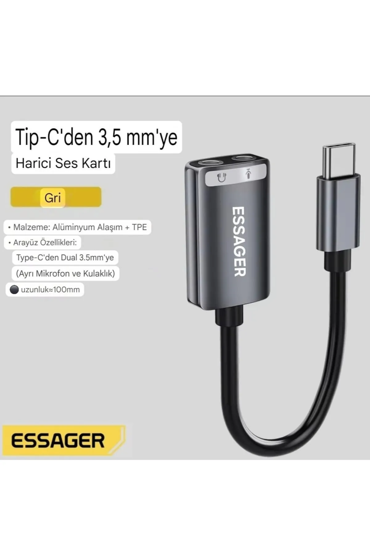 essager Type-C To 3.5mm Harici Ses Kartı Çift Giriş CE/FC/ROHS Lisanslı Mikrofon/Kulaklık/Hoparlör Ses