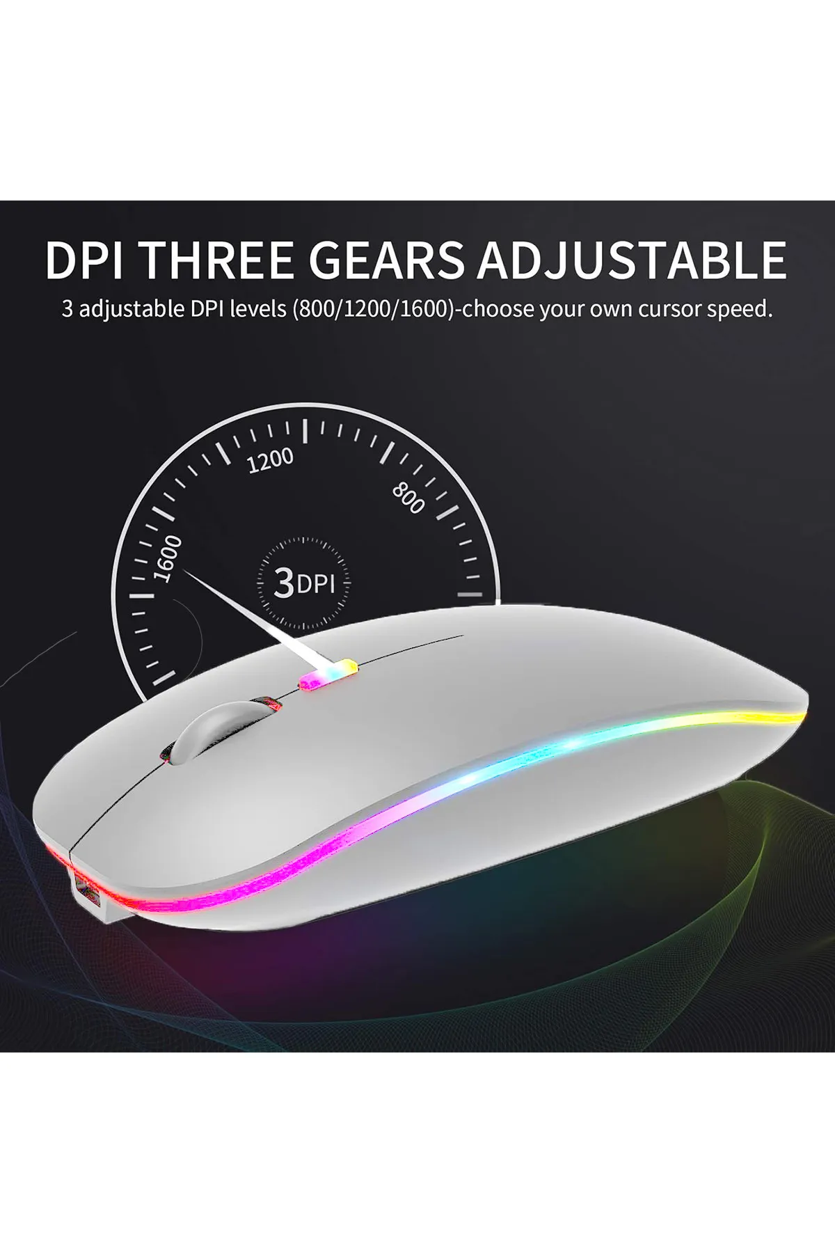 D'VERS Ultra Slim Usb 2.4ghz Beyaz Ledli 800/1200/1600dpi Şarjlı Kablosuz Mouse Rgb Led Işıklı