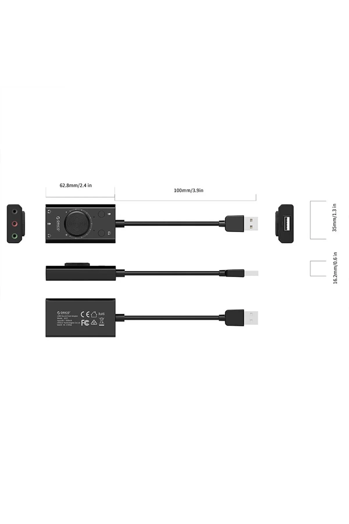 Orico Usb 2.0 Trs / Trrs 3.5mm Ses Ayar Tekerlekli Jack Girişli Harici Ses Kartı Siyah