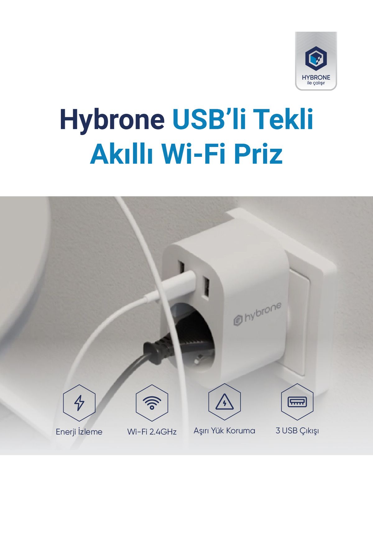 Hybrone Usb Ve Type-c Girişli Akım Korumalı Wi-fi Akıllı Priz, Adaptör, 16 Amper, Enerji İzleme