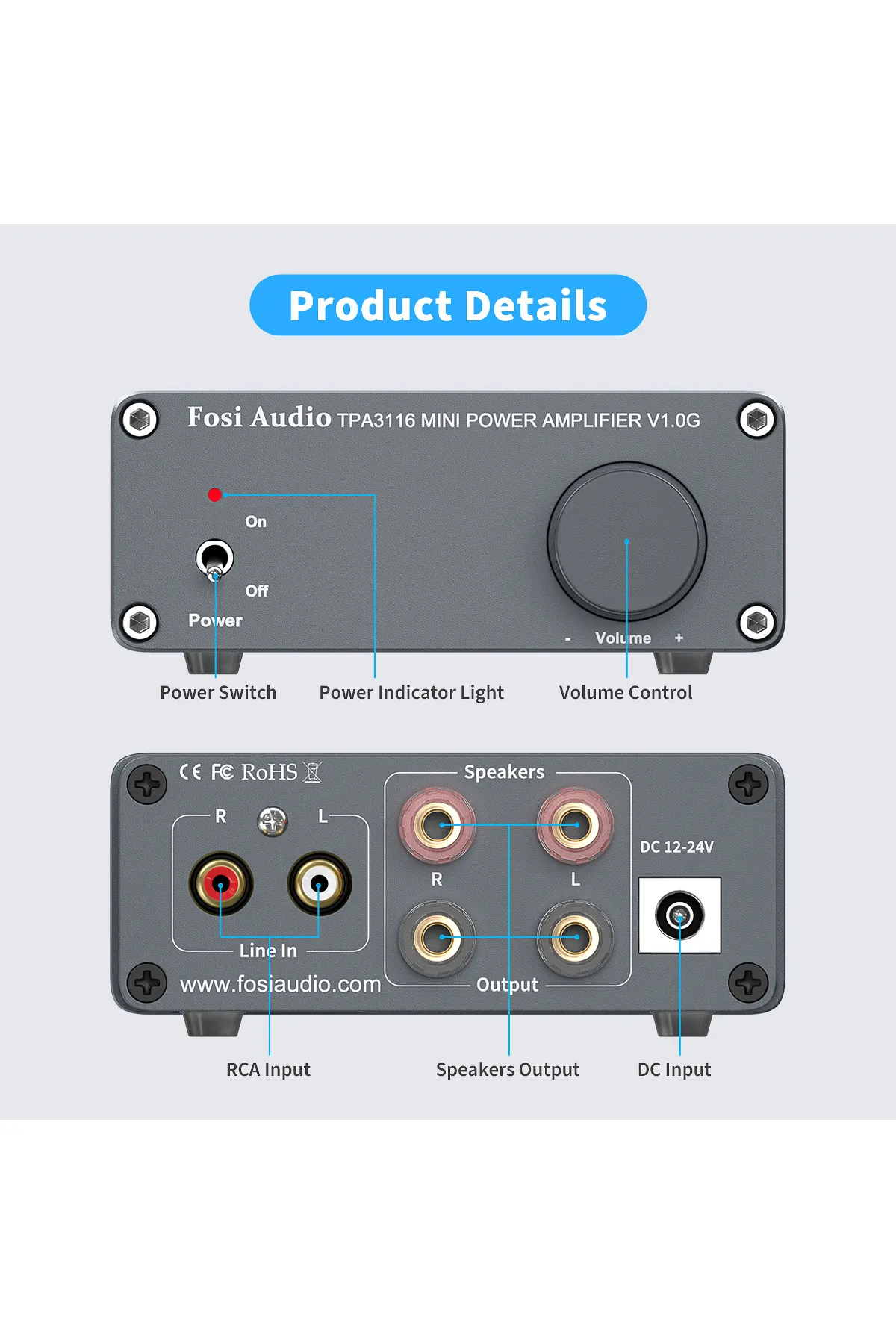 Fosi Audio V1.0G 2 kanallı stereo ses sınıfı D amplifikatör Mini-Hi-Fi -dijital amplifikatör 50W x 2