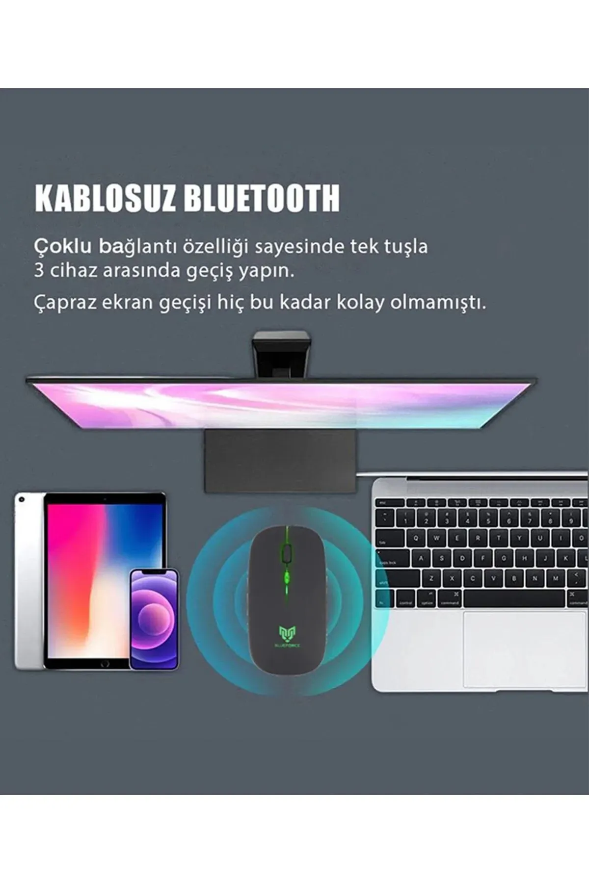 Blueforce V5.0 Bluetooth & Wireless 2,4ghz Sessiz Kablosuz Mouse Siyah Işıklı Şarjlı Pc Laptop Tv Mac Uyumlu