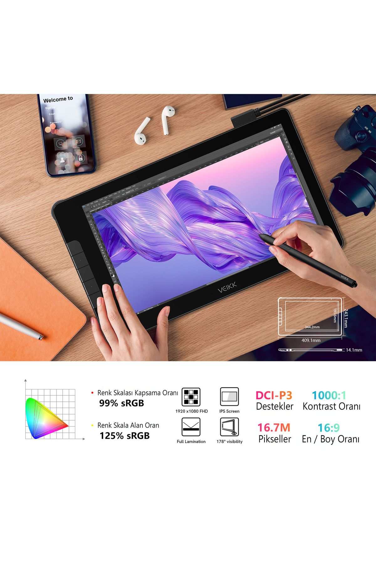 veikk VK1600 16384  Uyumlu  Levels 5080 LPI 15.6" FHD IPS Grafik Tablet + 2 Adet Kalem