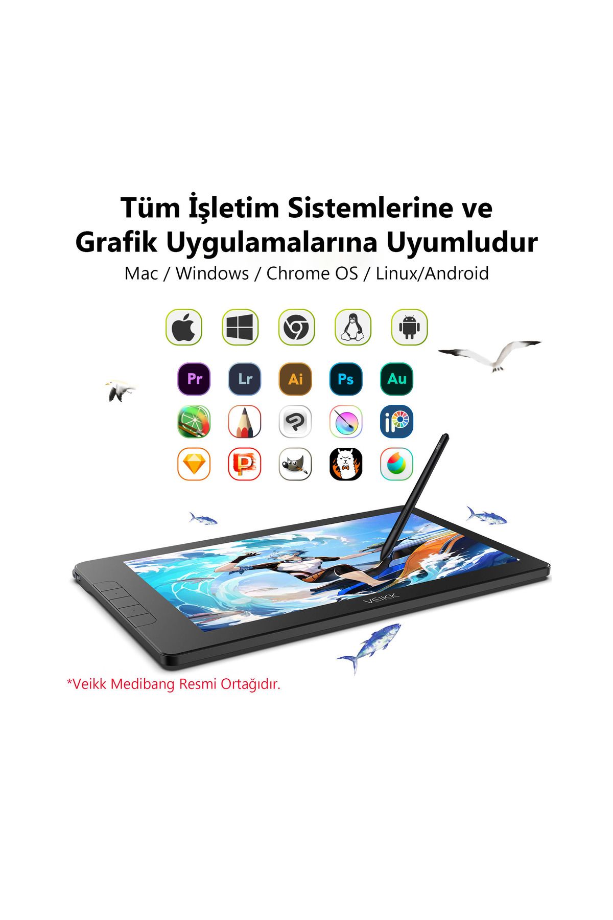 veikk VK1600 16384  Uyumlu  Levels 5080 LPI 15.6" FHD IPS Grafik Tablet + 2 Adet Kalem