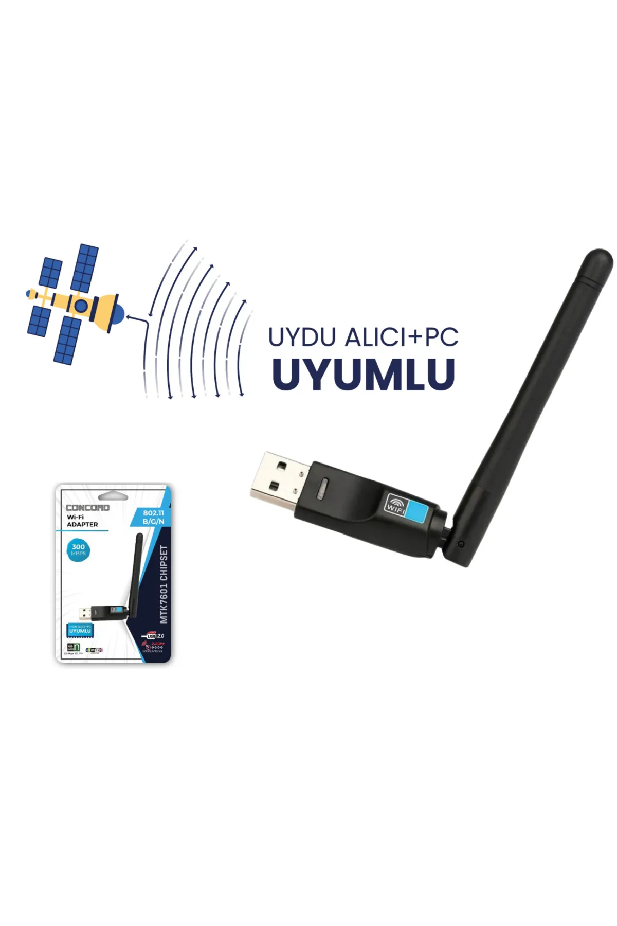 Concord W-7 300mbps Usb Antenli Uydu Alıcılı+ Pc Wifi Kablosuz Alıcı Adaptör Mtk7601 Chipset Wlan