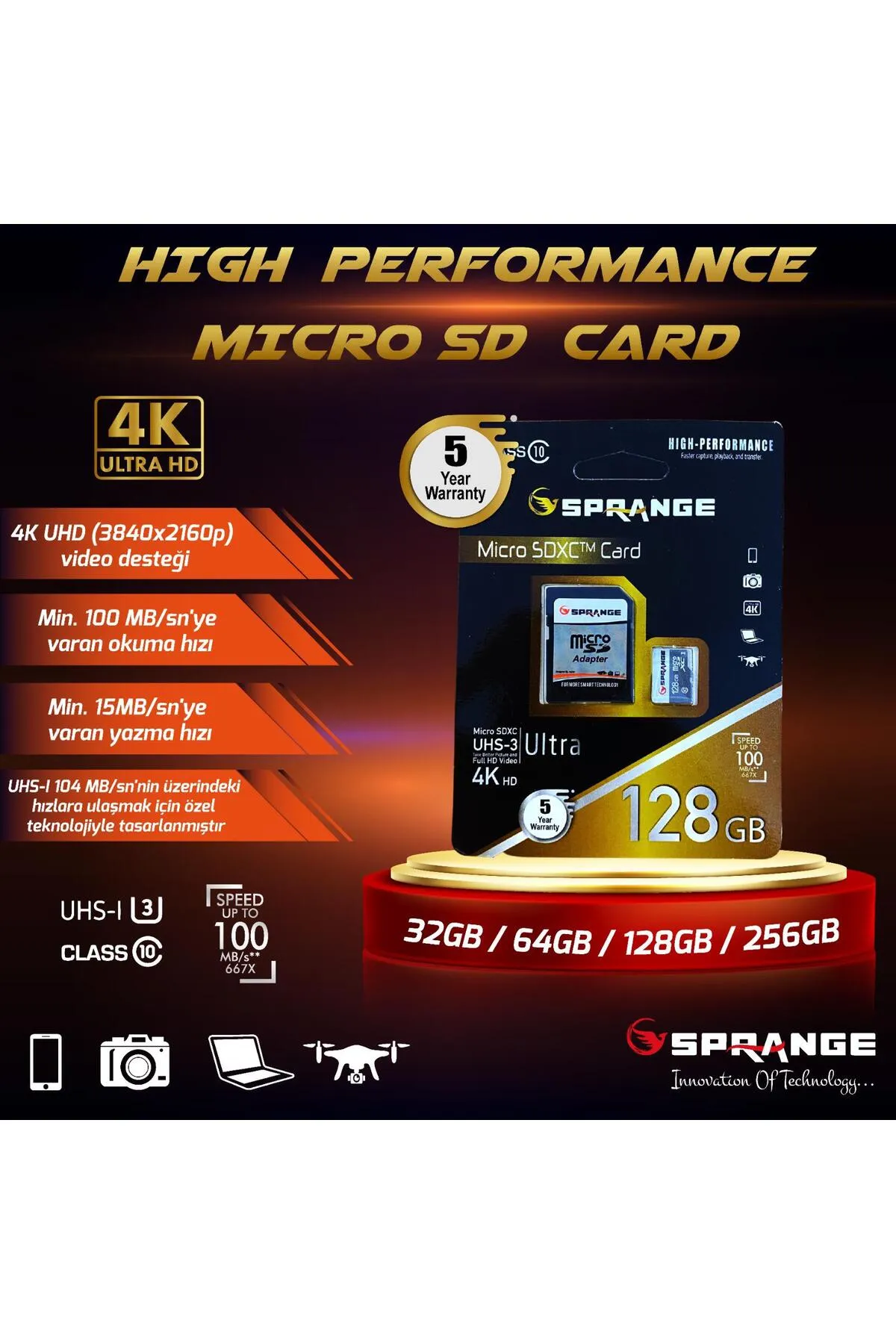 Sprange WASHA SPRANGE 128 GB 4K ULTRA HD HAFIZA KARTI