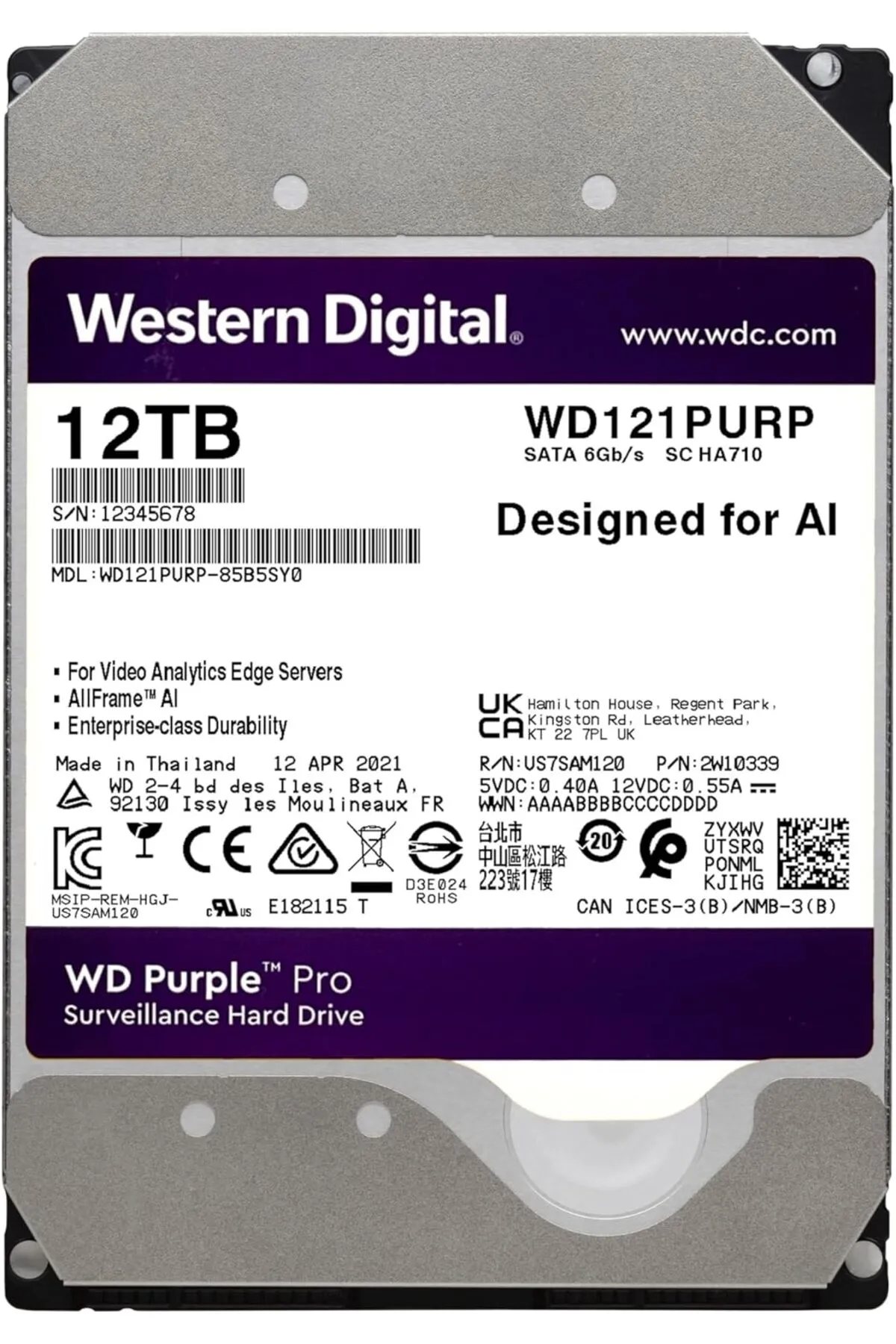 WESTERN DIGITAL WD Purple Pro 12 TB (Designed for AI) WD121PURP