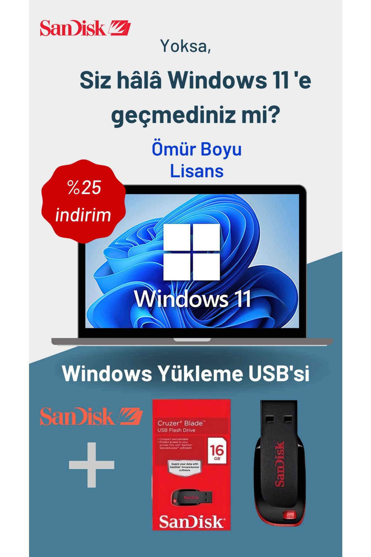 Sandisk Windows 11 Lisans 16gb Usb'si Freedos Format Için Windows 11 Kurulum Usb'si - Ömür Boyu Lisans