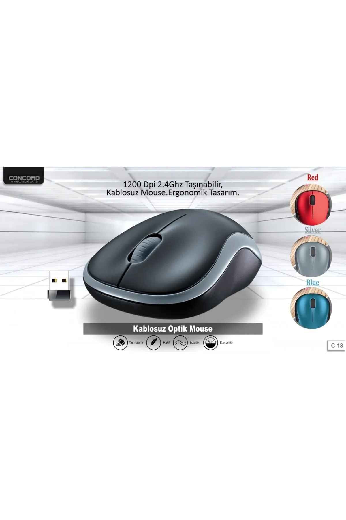 Concord Wireless 1200 Dpı Kablosuz Optik Mouse - Kablosuz Mause C-13 Siyah