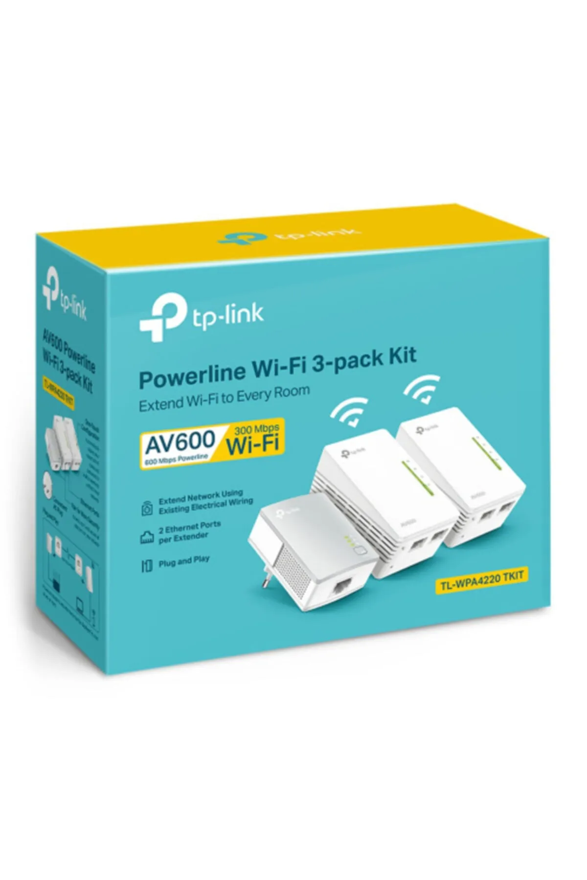 TP-Link WLAN Powerline Adaptörü Üçlü Set TL-WPA4220T KIT (WLAN 300Mbit/sn, AV600 Powerline, Wifi Clone,