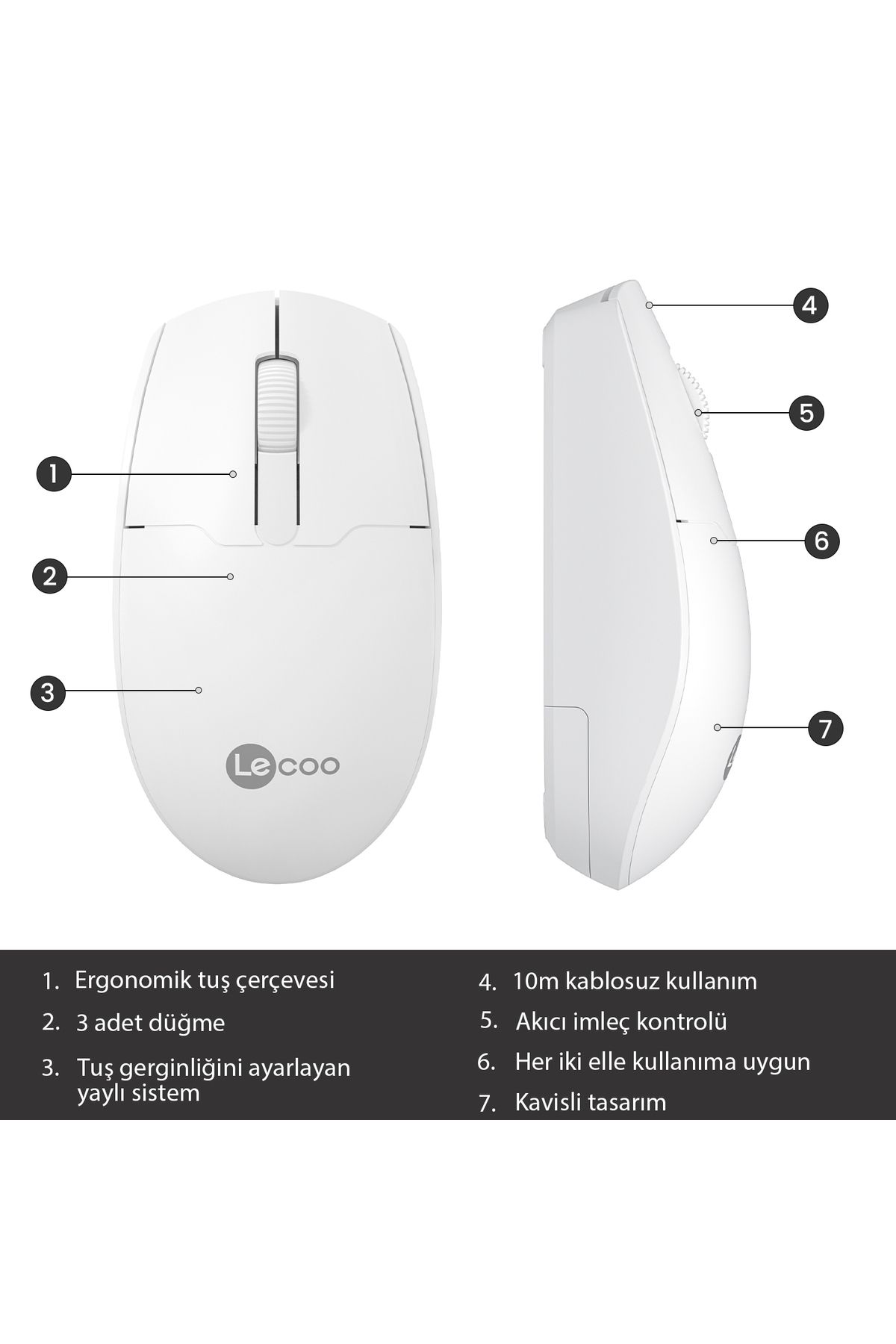 Lecoo Ws204 Kablosuz 1200dpı 3 Tuşlu Optik Mouse Beyaz