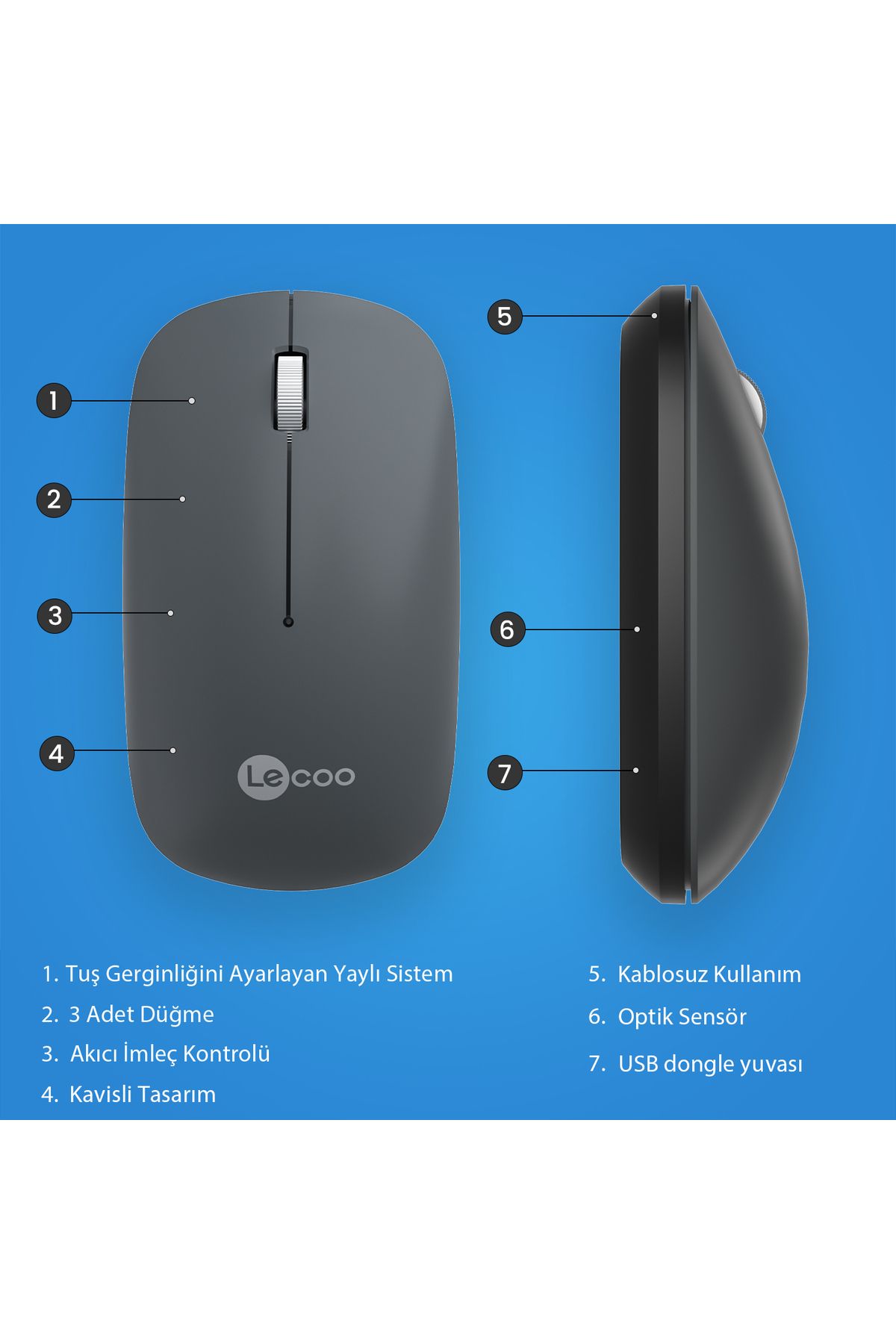 Lecoo Ws214 Kablosuz 1200dpı 3 Tuşlu Sessiz Dizüstü, Pc, Mac Için, Usb Alıcı Ile Optik Mouse Gri