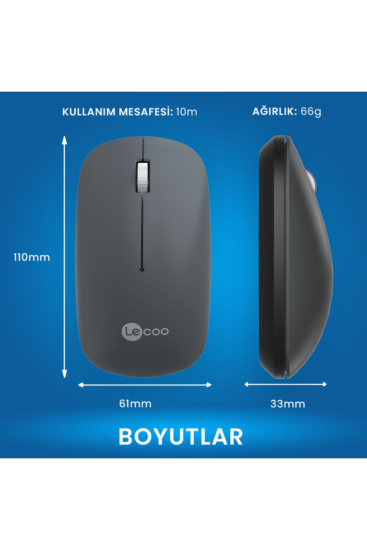 Lecoo Ws214 Kablosuz 1200dpı 3 Tuşlu Sessiz Dizüstü, Pc, Mac Için, Usb Alıcı Ile Optik Mouse Gri