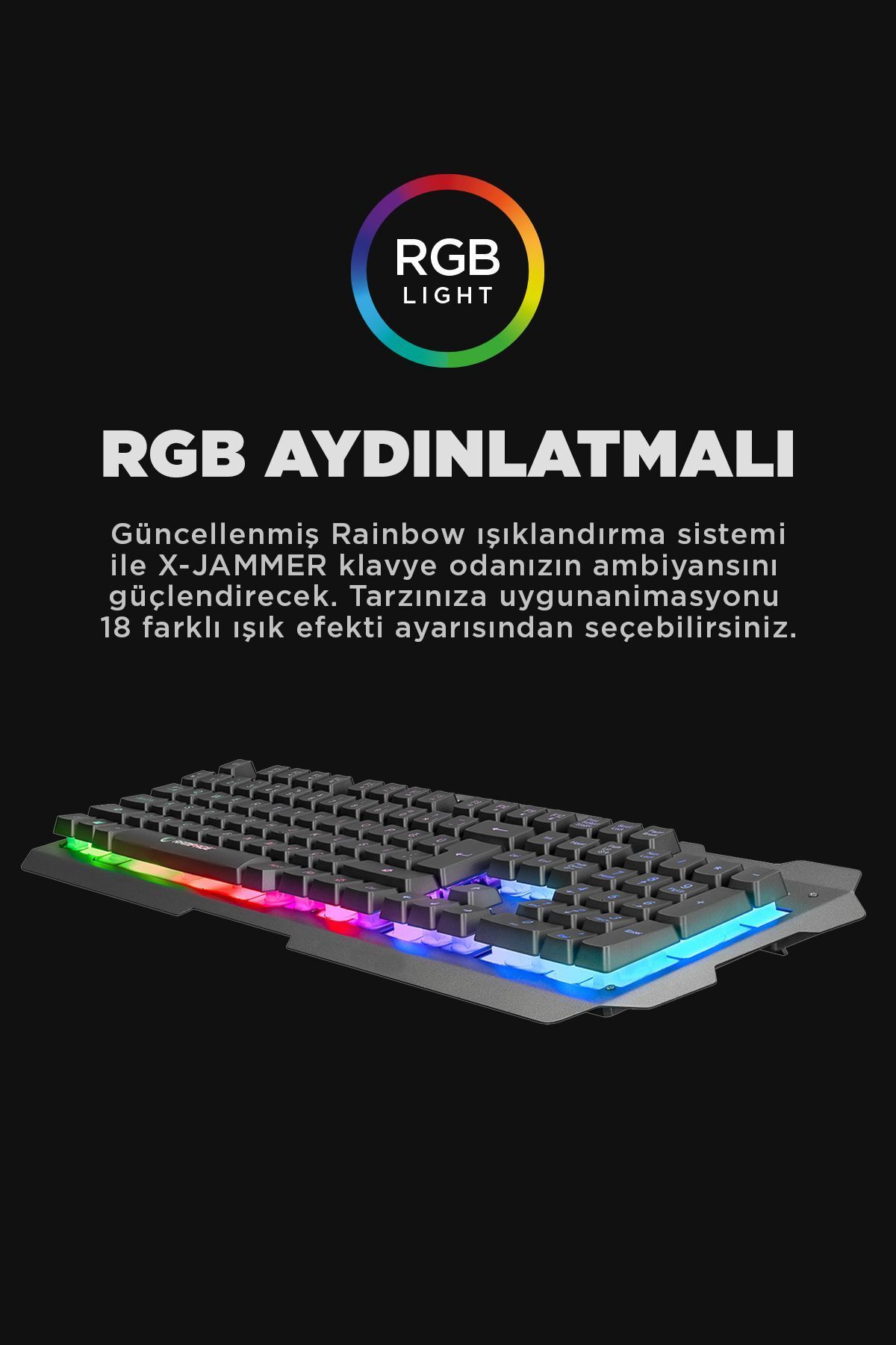 Rampage X-Jammer Klavye KB-R57 Oyuncu Rainbow Aydınlatmalı USB Türkçe