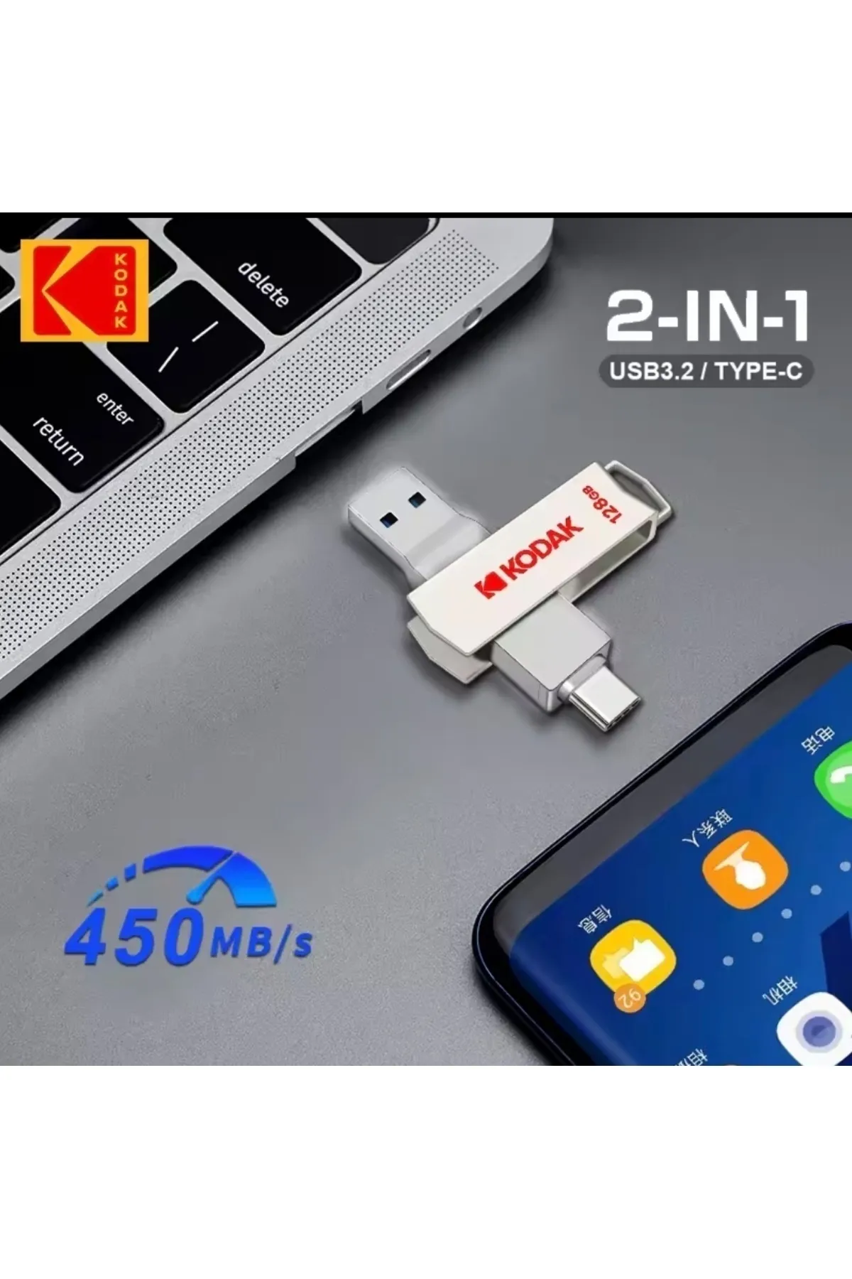 Kodak X203 450mbs Yüksek Hızlı 128gb.type-c Ve Usb 3.2 Type-c Girişli Tüm Cihazlara Iphone 15/16 Uygun