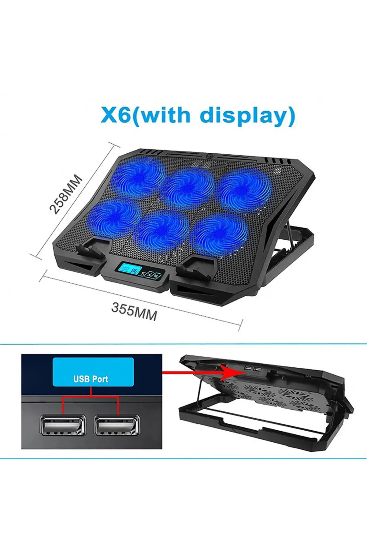 ECOYOM X6A Gaming Pad Laptop Cooler 6 Fanlı Notebook Soğutucu Mavi Led Işıklı Dizüstü Bilgisayar Standı