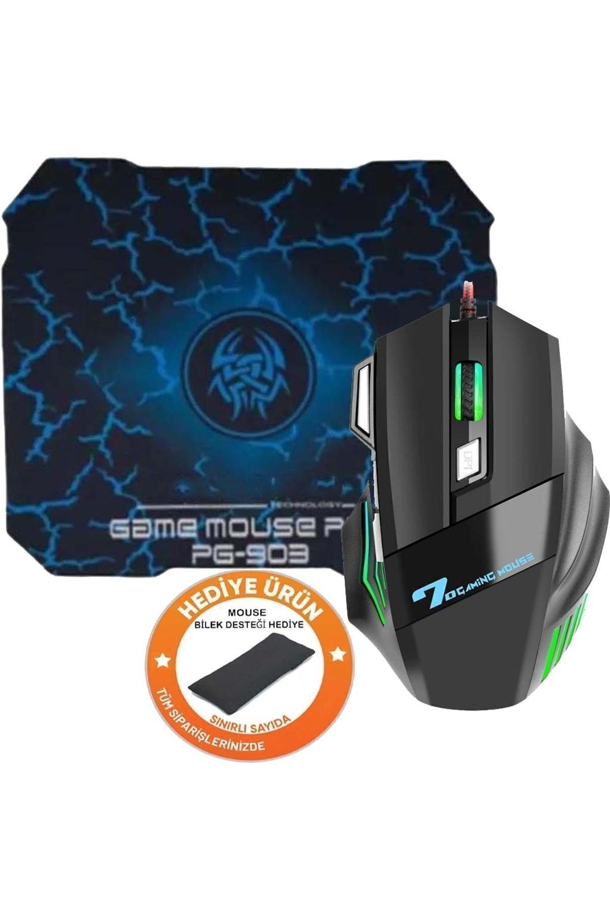 Zineets X7 3200 Dpi Usb Kablolu Mavi Siyah Gaming Optik Işıklı Rgb Mouse Ve Oyuncu Mousepad Seti 7 Tuşlu