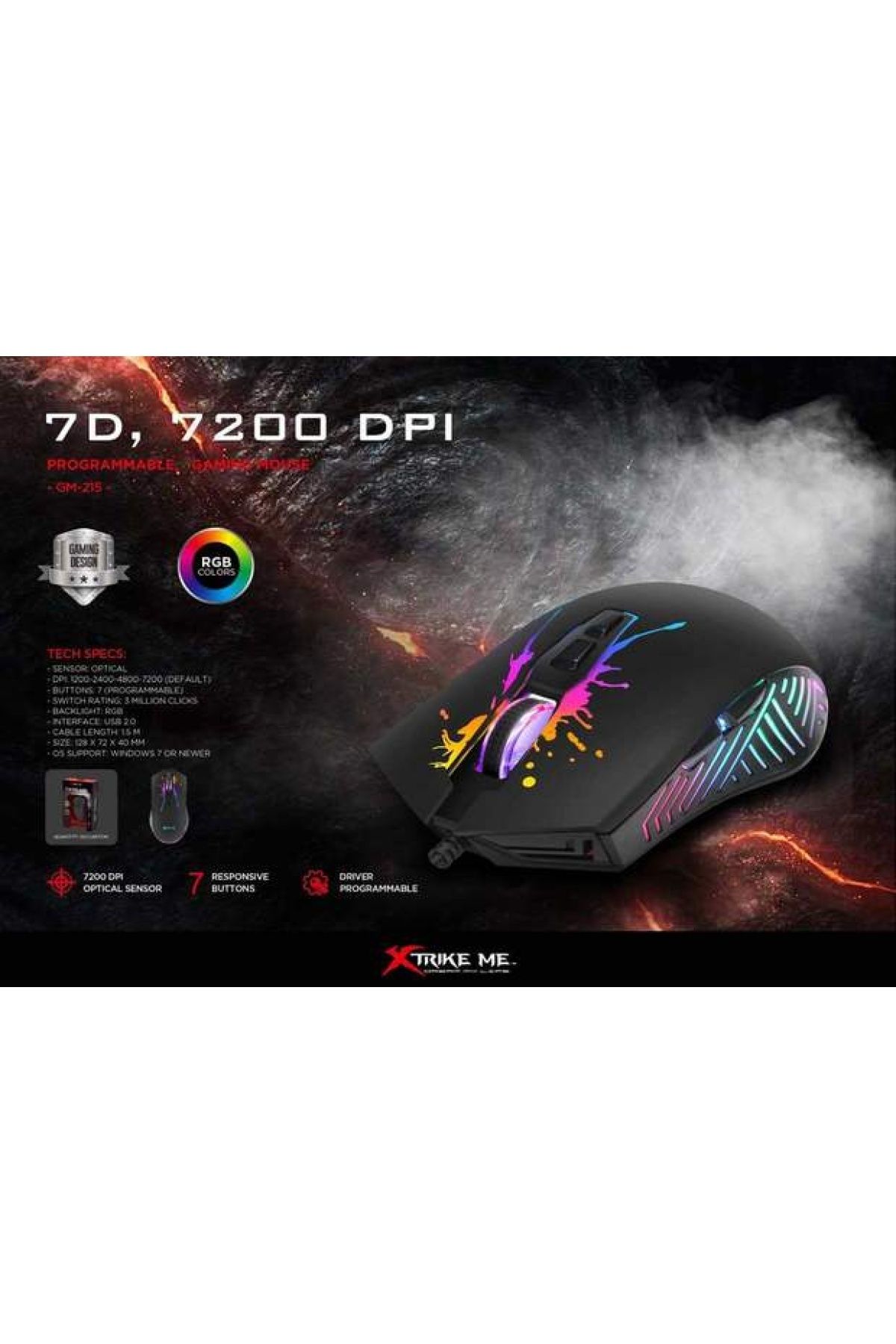 jetucuzal XtrikeMeGM-215BK 704F 7D RGB Gaming Mouse 7200 DPI Ayarlanabilir RGB ışıklı/DPI