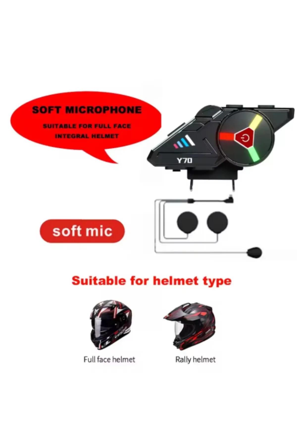 shabshop Y70-Y60 Uyumlu Atmosfer Işığı Motosiklet Kask Kulaklık Bluetooth 5.3 EDR Kablosuz Kulaklık