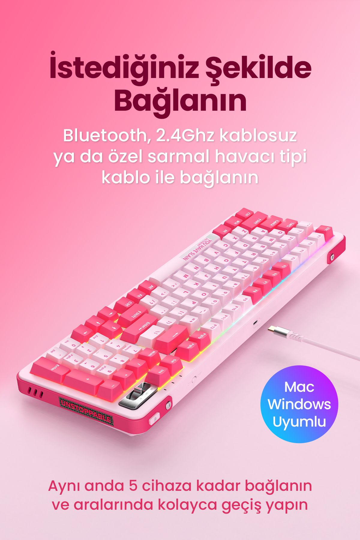 ROYALAXE Y98 PRO Gaming Mekanik Oyuncu Klavyesi, RGB Aydınlatma, Kablolu ve Kablosuz Kullanım, İngilizce Q