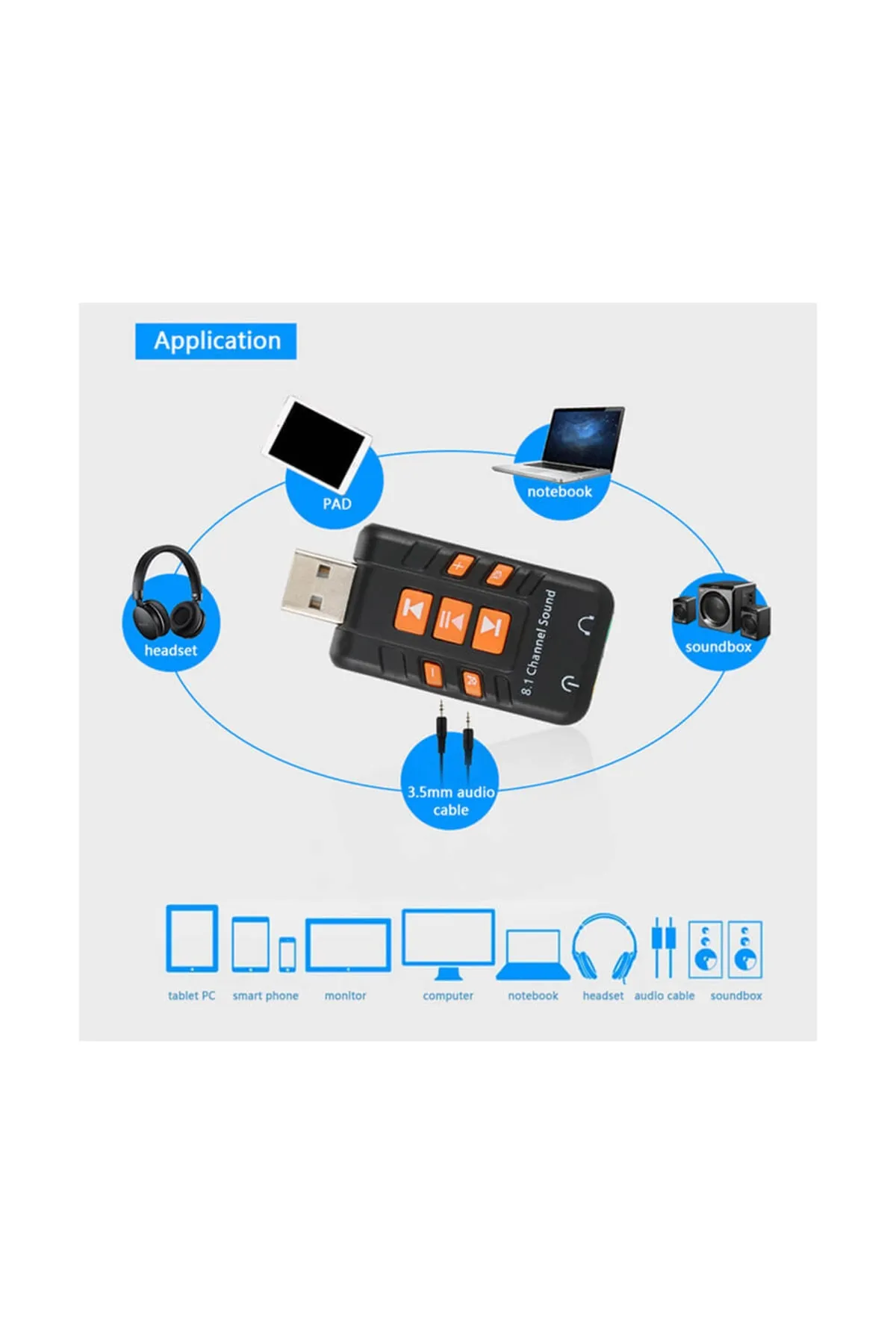 Genel Markalar Yeni Nesil 8.1 USB Ses Kartı Virtual Sound 3D Usb Harici Ses Kartı Chipli Versiyon Kablosuz Ses Kart