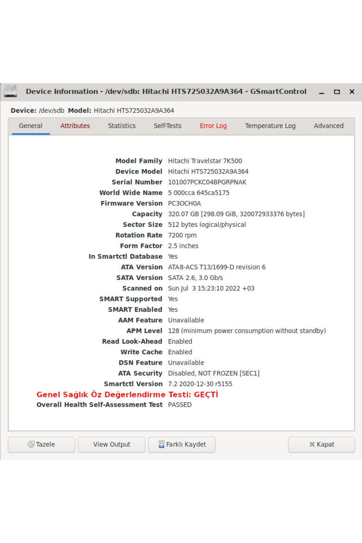 Hitachi Yenilenmiş 320gb 2.5" Sata3 7200rpm Harddisk