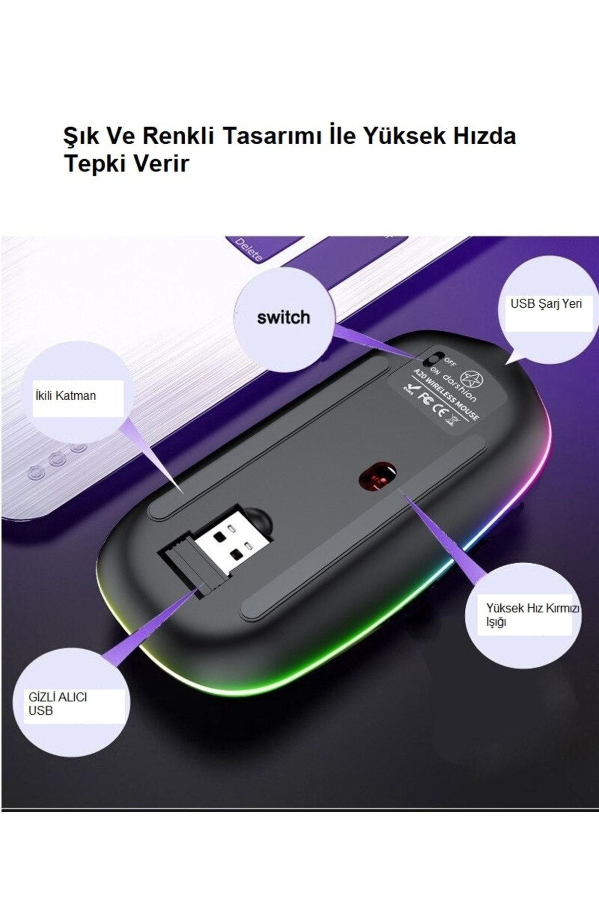 Genel Markalar Yenitech-şarjlı Kablosuz Optik Yedi Renkli Mouse Sessiz Bilgisayar Ergonomik Oyun Faresi Led Işıklı