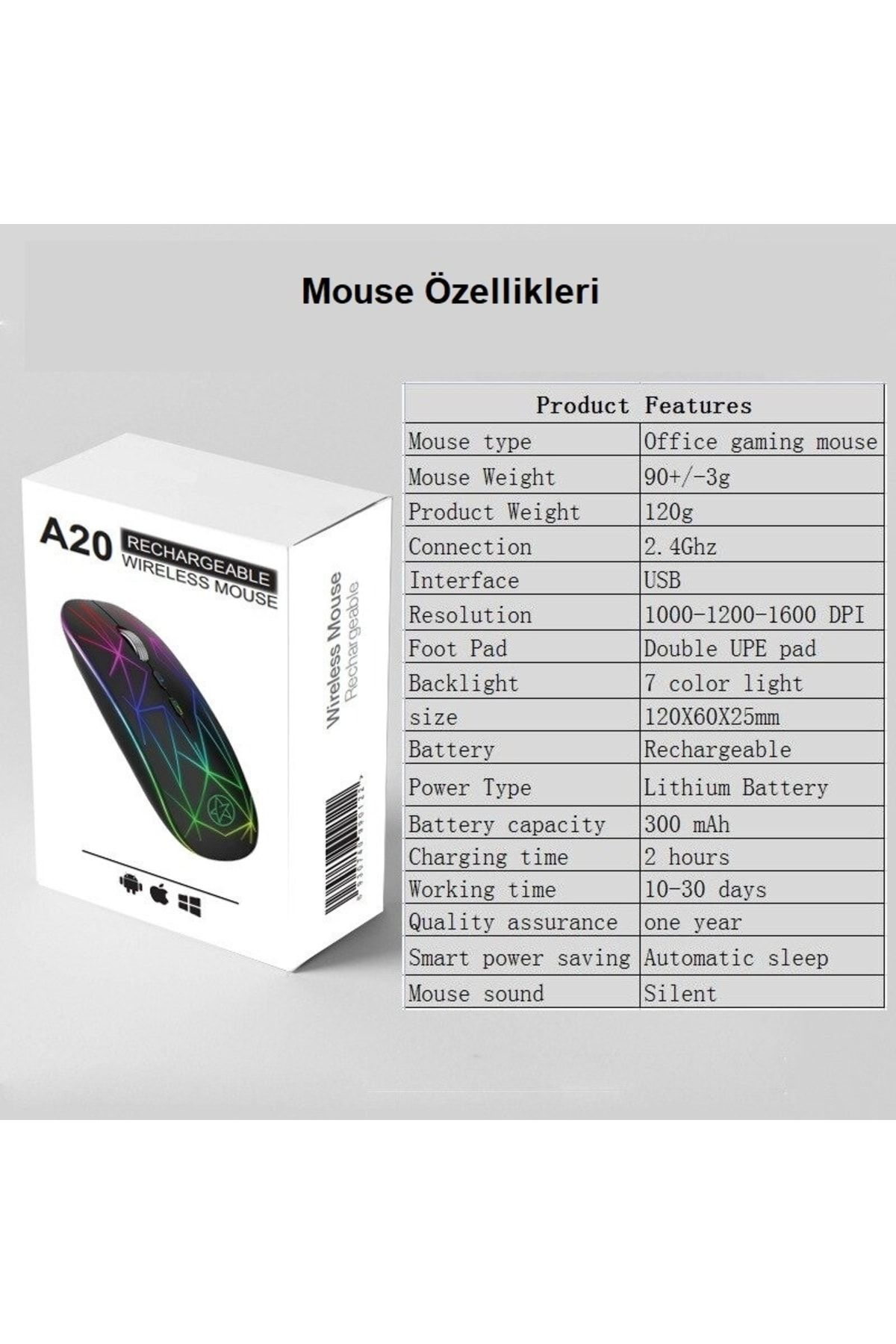 Genel Markalar Yenitech-şarjlı Kablosuz Optik Yedi Renkli Mouse Sessiz Bilgisayar Ergonomik Oyun Faresi Led Işıklı