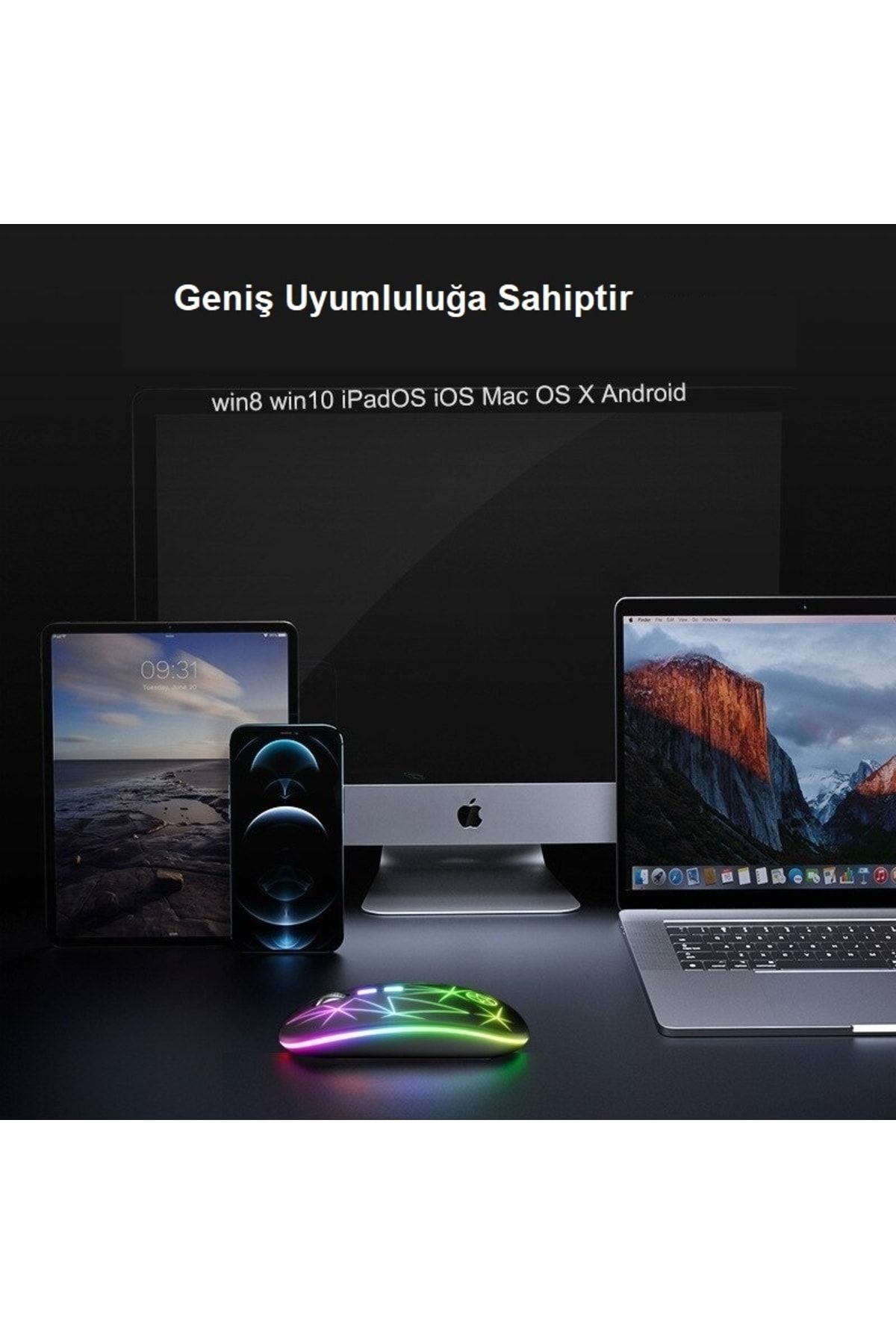 Genel Markalar Yenitech-şarjlı Kablosuz Optik Yedi Renkli Mouse Sessiz Bilgisayar Ergonomik Oyun Faresi Led Işıklı