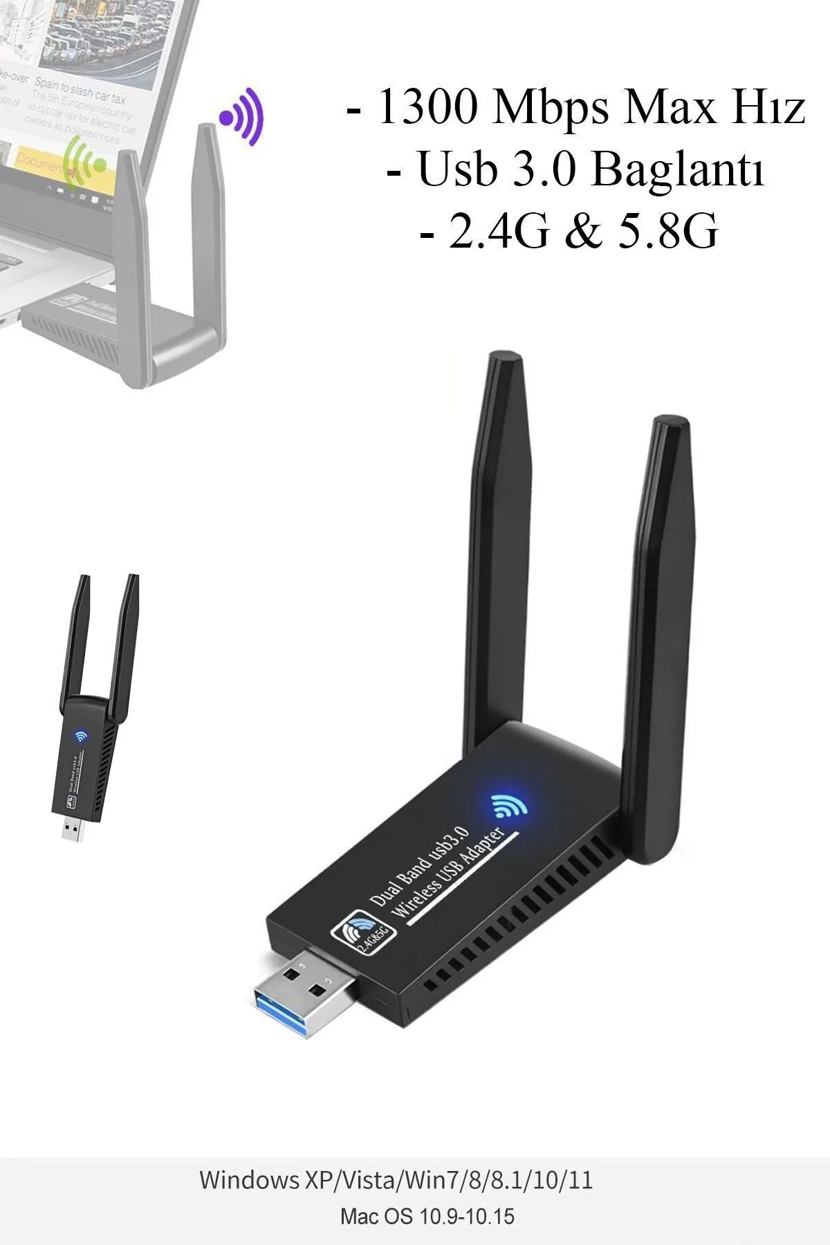 CONOCER Yüksek Kalite Çift Antenli Ac1300 Mbps Dual(ÇİFT) Bant Usb 3.0 Adaptör Kablosuz Usb Wifi Adaptörü