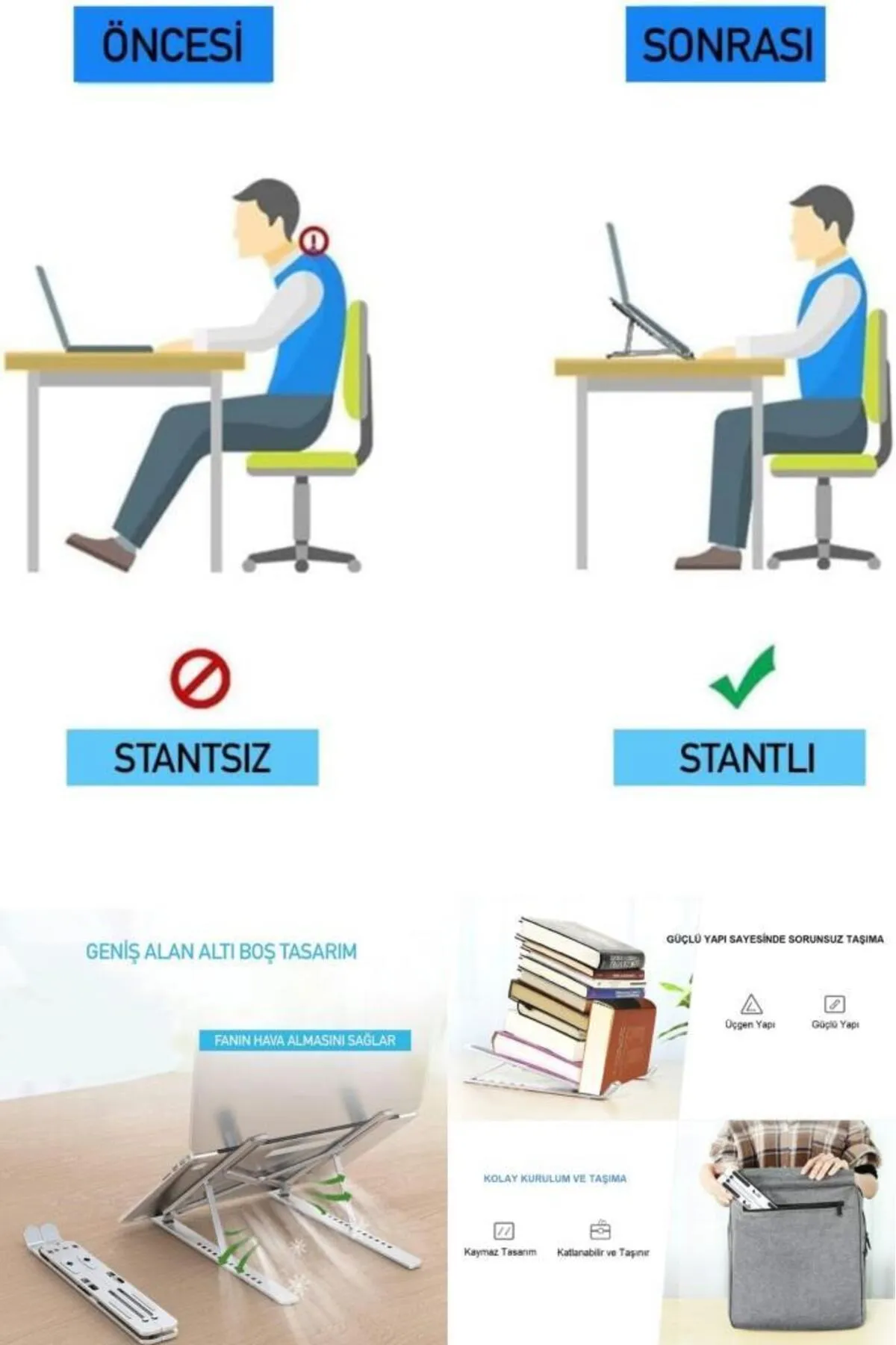 TUTYAKALA Yükseklik Ayarlı Dayanıklı Alüminyum Laptop Soğutucu Stant Kitap Okuma Tablet telefon Laptop Standı